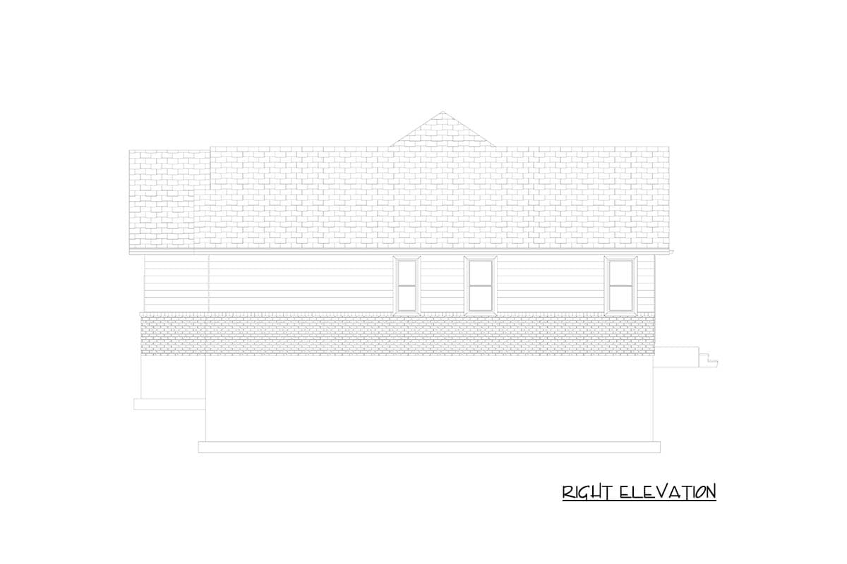 Right elevation drawing of a house plan with brick foundation, siding, and pitched roof with dormer.