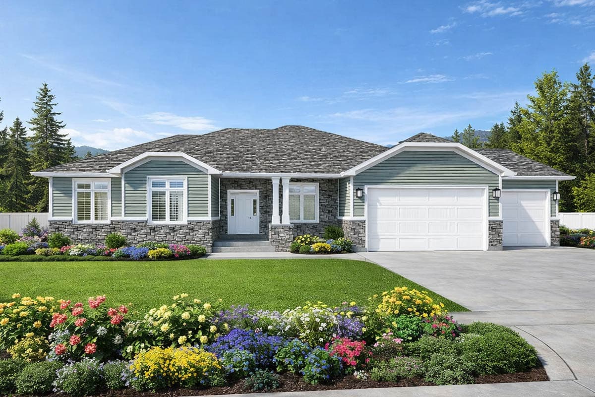 A modern suburban house with a stone and green facade, a large lawn, and a vibrant flower garden in front of a blue sky.