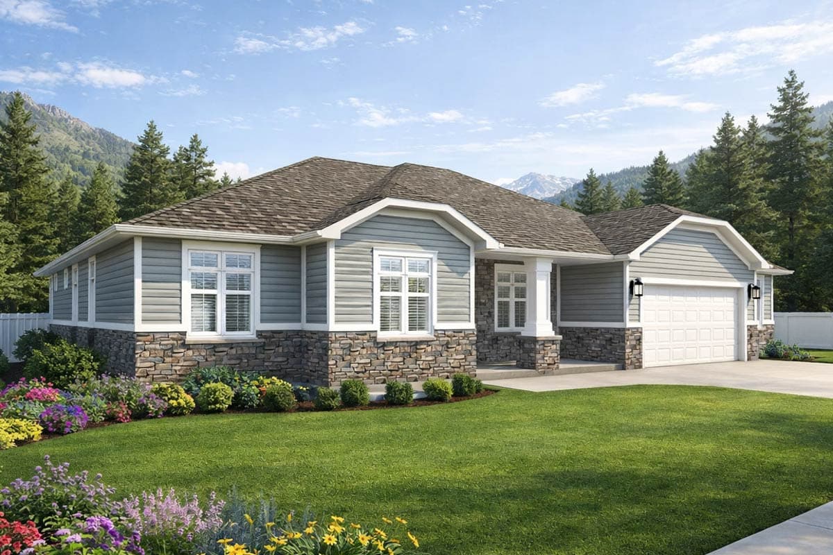 House plan exterior: One-story Modern Farmhouse with stone base, gabled rooflines, multiple windows, and attached garage.