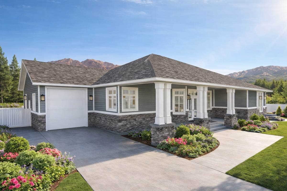 House plan exterior: Ranch style, one story, with a covered front porch supported by stone-clad columns, attached garage, and gable roof.