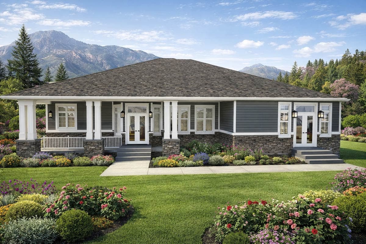 House plan exterior: One-story Modern Farmhouse with full porch, stone base, and multiple gables.