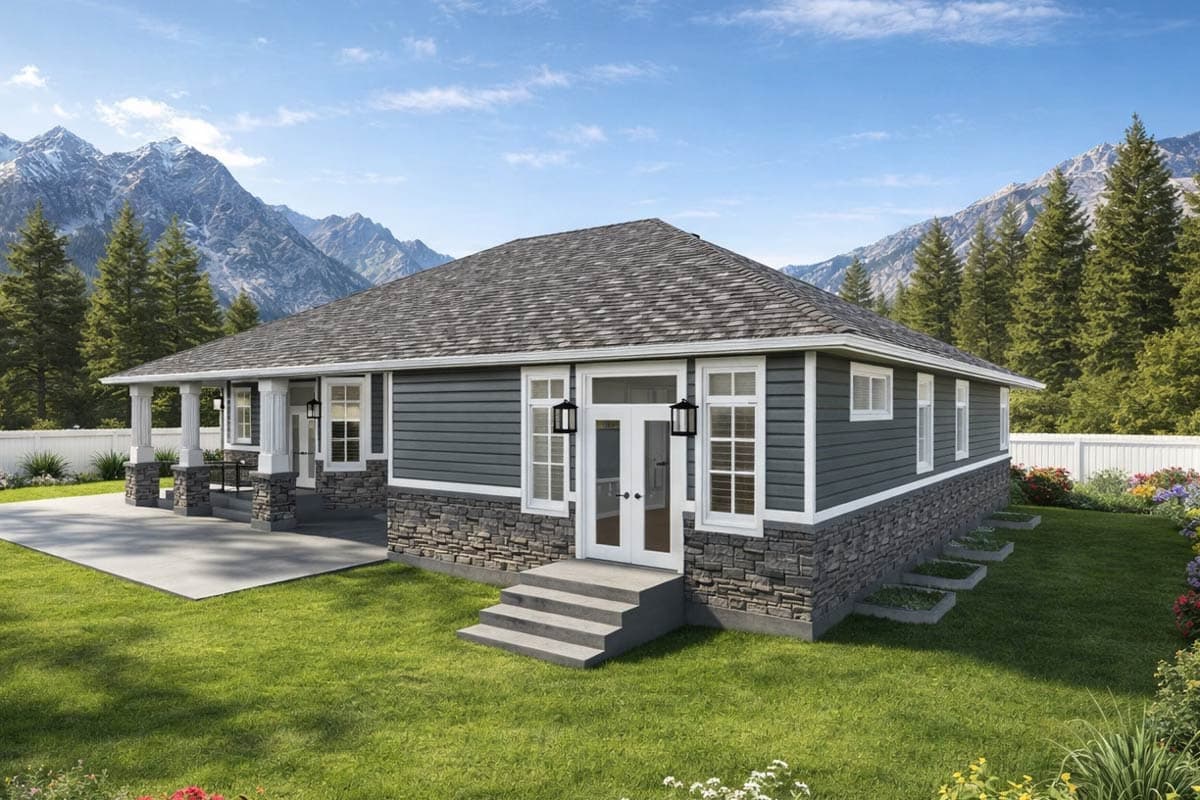 Ranch-style house plan exterior with covered front porch, stone foundation, and multiple windows.