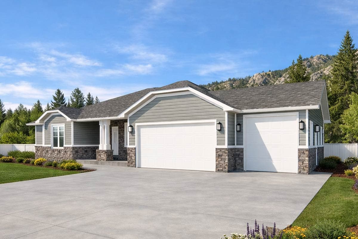 Modern Farmhouse house plan exterior with two-car garage, stone accents, gable roof, and covered porch.