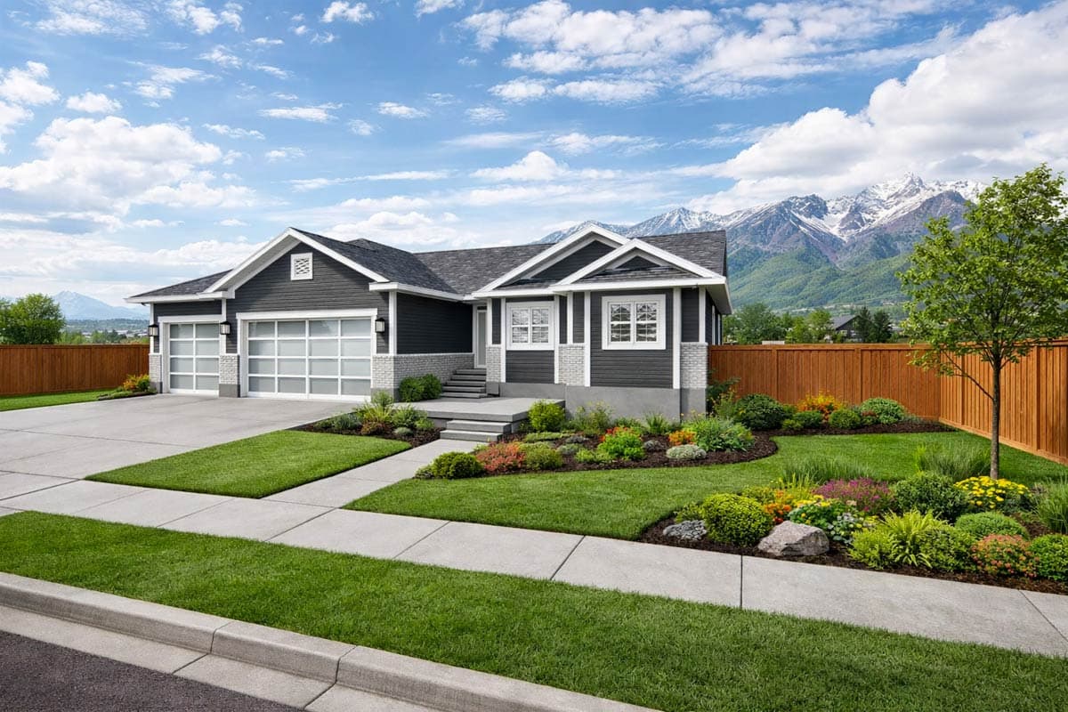 House plan exterior: Modern Farmhouse style, one story, with a three-car garage, gabled rooflines, and stone and siding exterior.