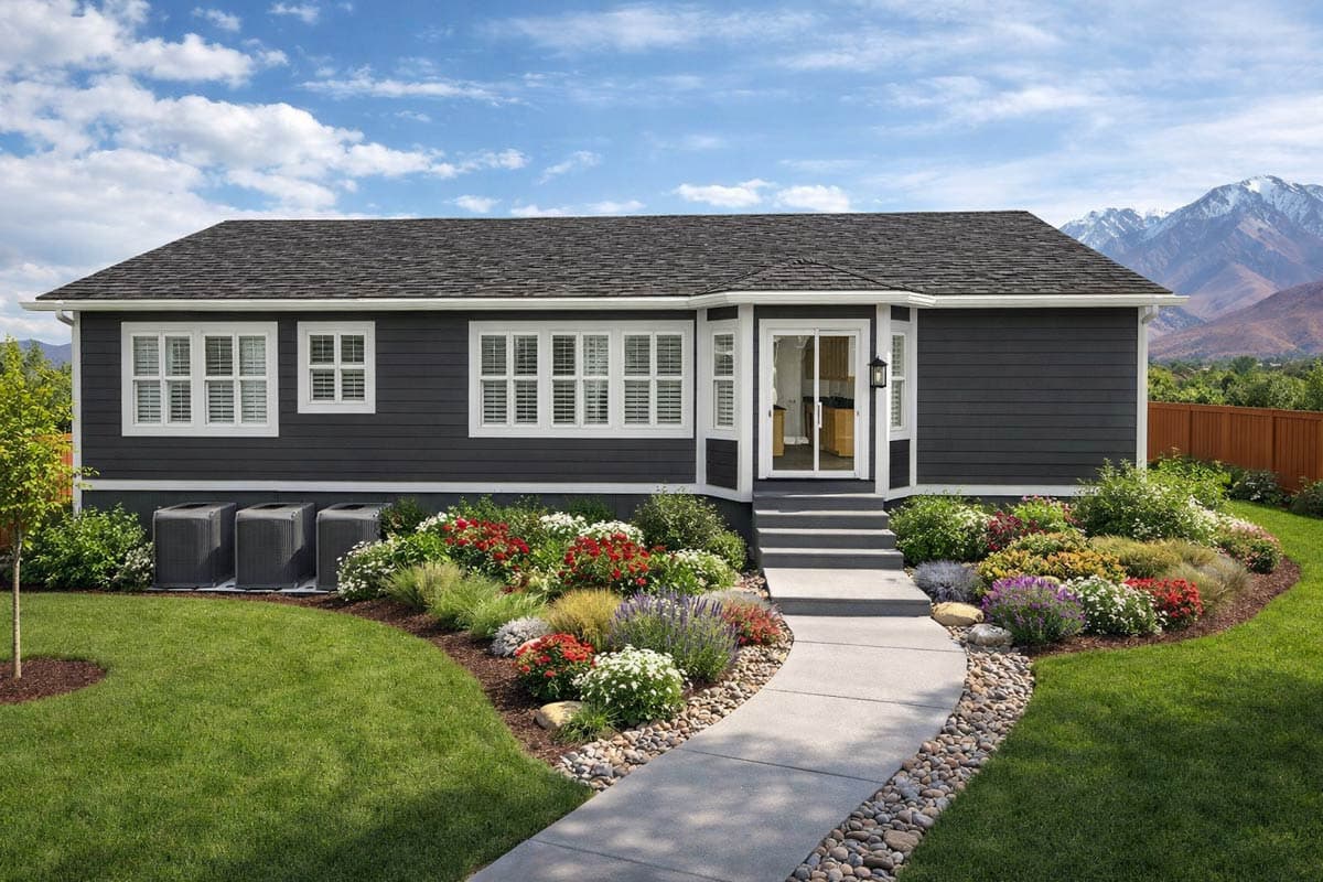 House plan exterior: one-story modern home with dark siding, white-trimmed windows, and a bayed front entrance.