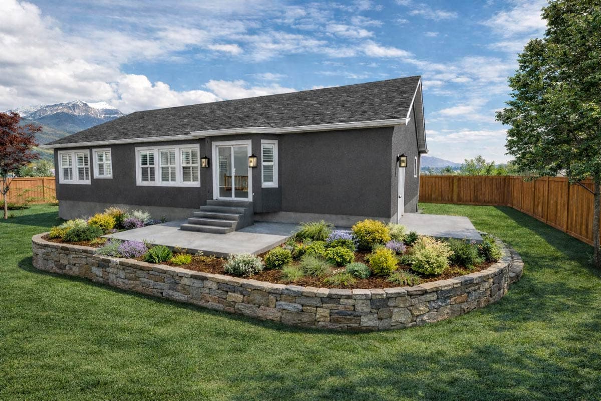 House plan exterior of a single-story home with dark stucco siding, white-shuttered windows, and a stepped patio.