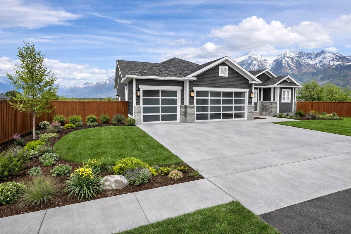 House plan exterior: Modern Farmhouse style, two-story, featuring a side-entry garage with glass doors, gables, and stone accents.