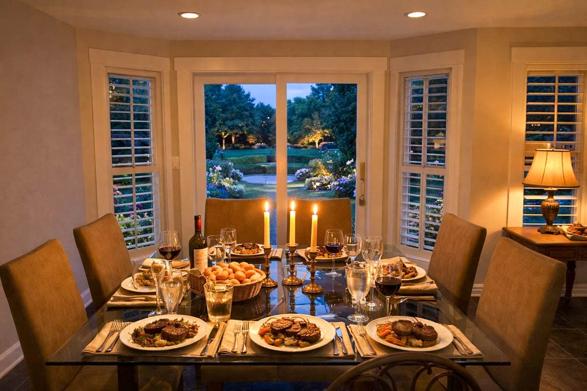 Dining room with a glass table set for dinner, featuring steaks, wine, and candles, overlooking a lit garden.