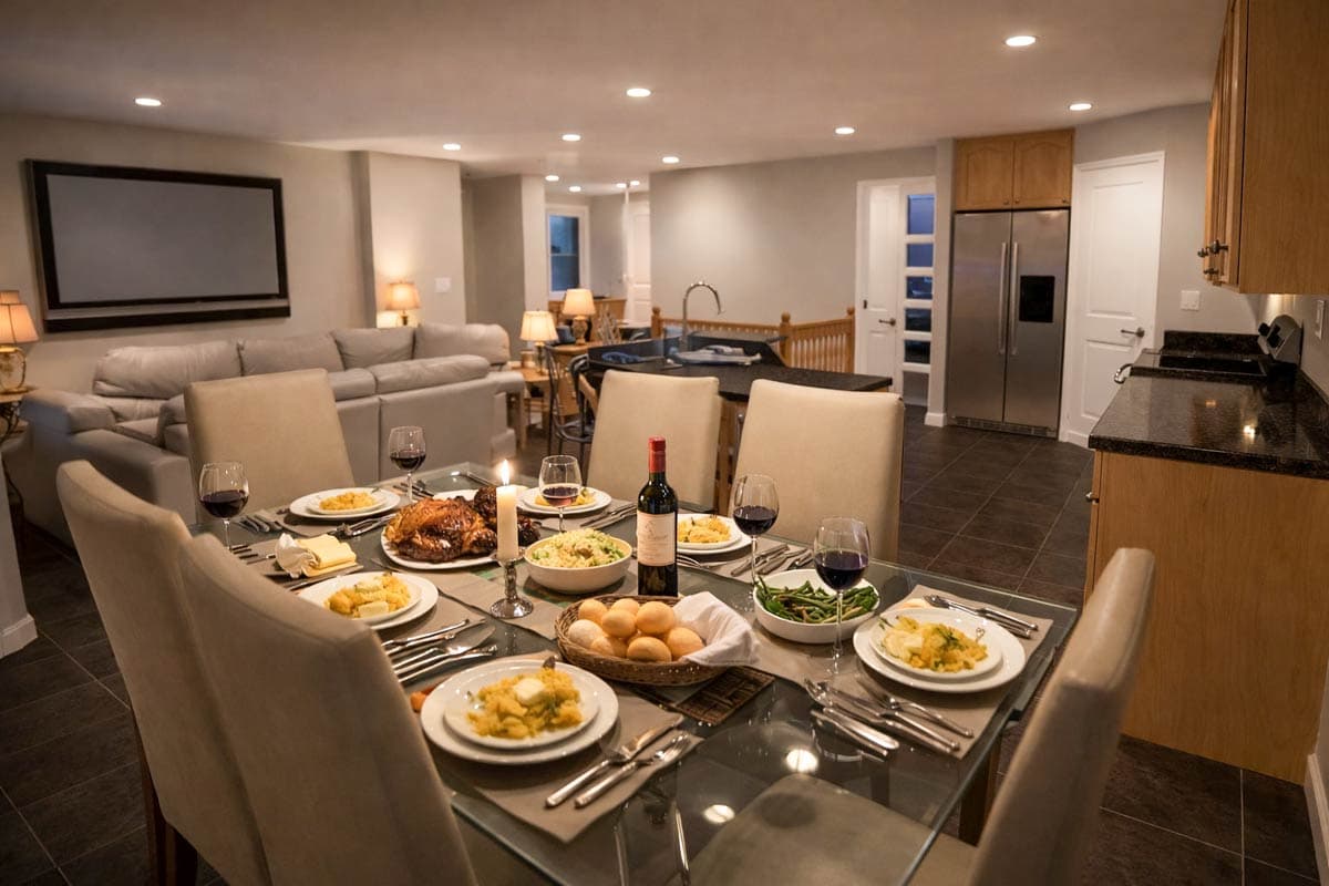 Dining room with set table, connecting to a living area with sectional sofa and kitchen with stainless steel refrigerator.