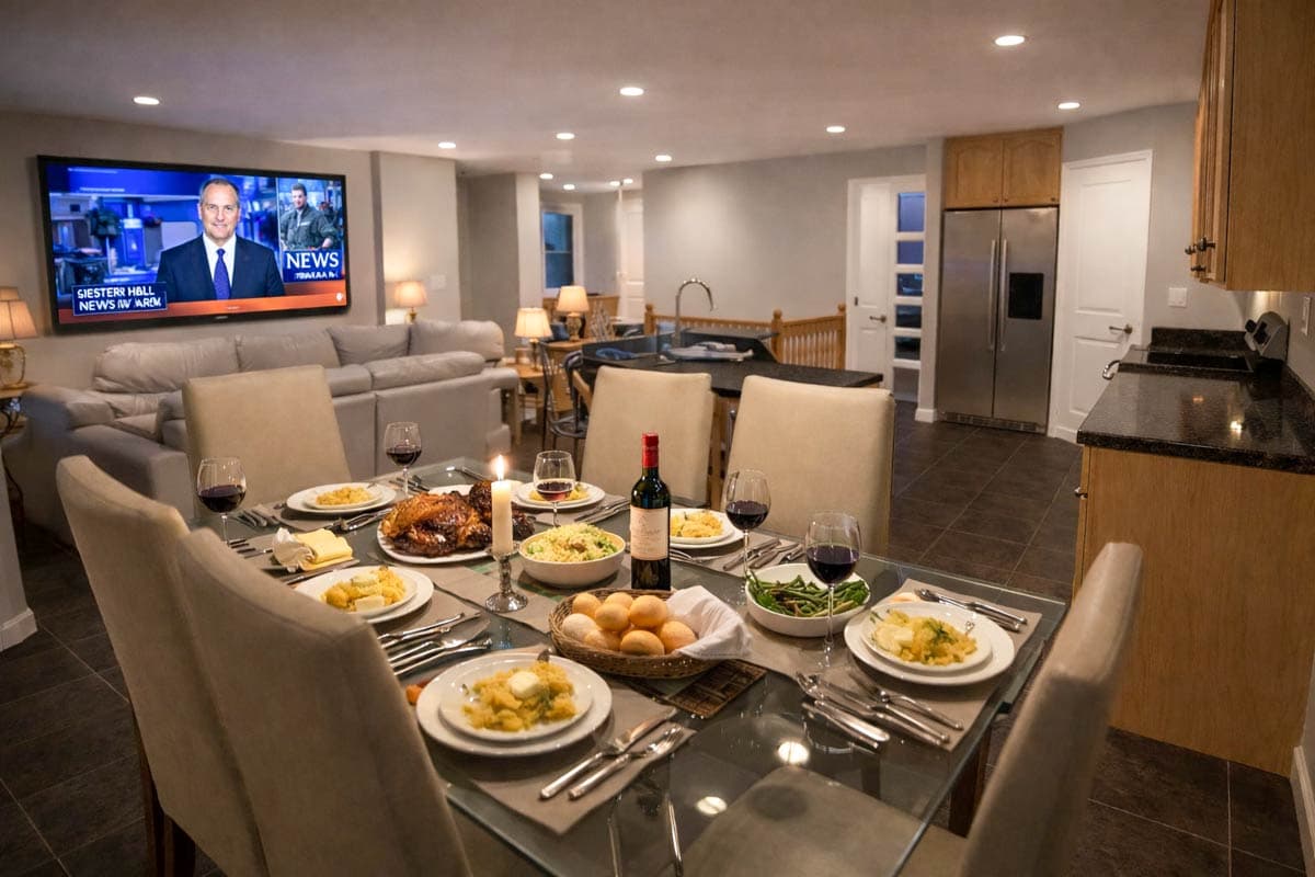 Dining area with a meal set for four, adjacent to a kitchen with stainless steel appliances and a living room with a sofa and television.