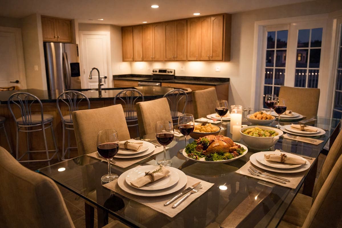 Dining room table set for a meal with a roasted chicken and side dishes, adjacent to a kitchen with a breakfast bar.