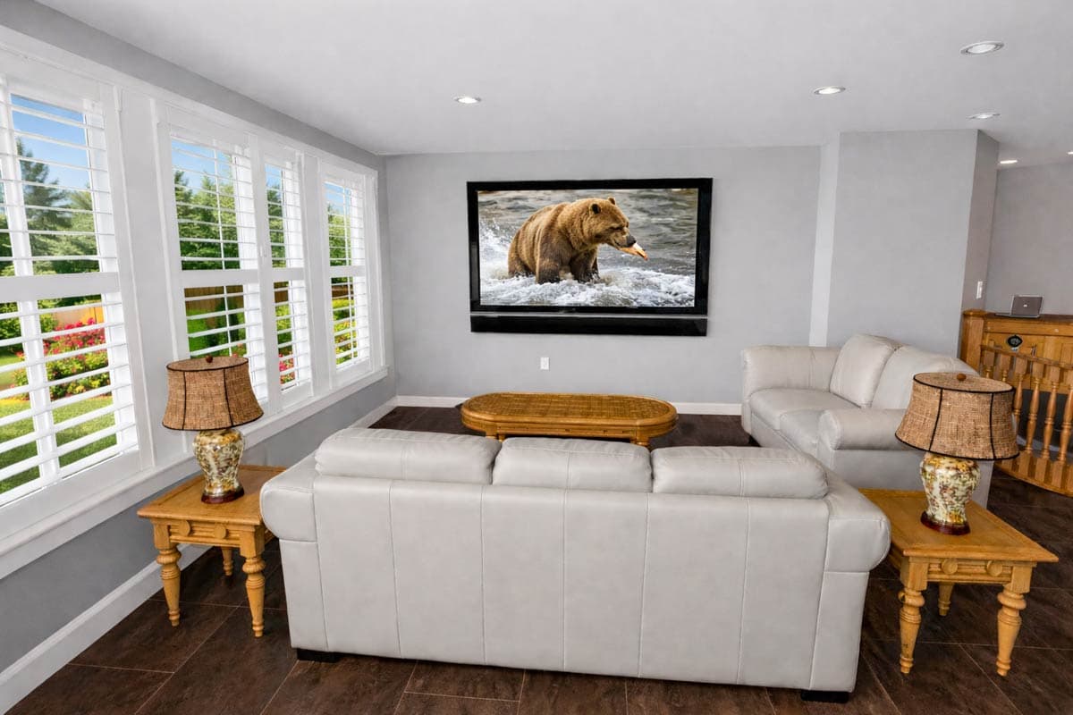 Living room with white sofas, shuttered windows, a large TV displaying a bear, and decorative lamps.