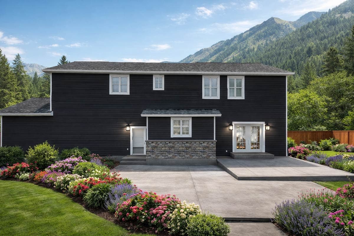Two-story house plan exterior with dark siding, white-trimmed windows, a stone-accented entry, and double doors leading to a patio.