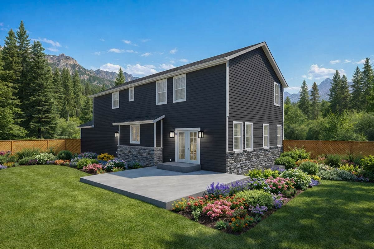 Two-story house plan exterior with dark siding, stone accents, covered entry, and patio.