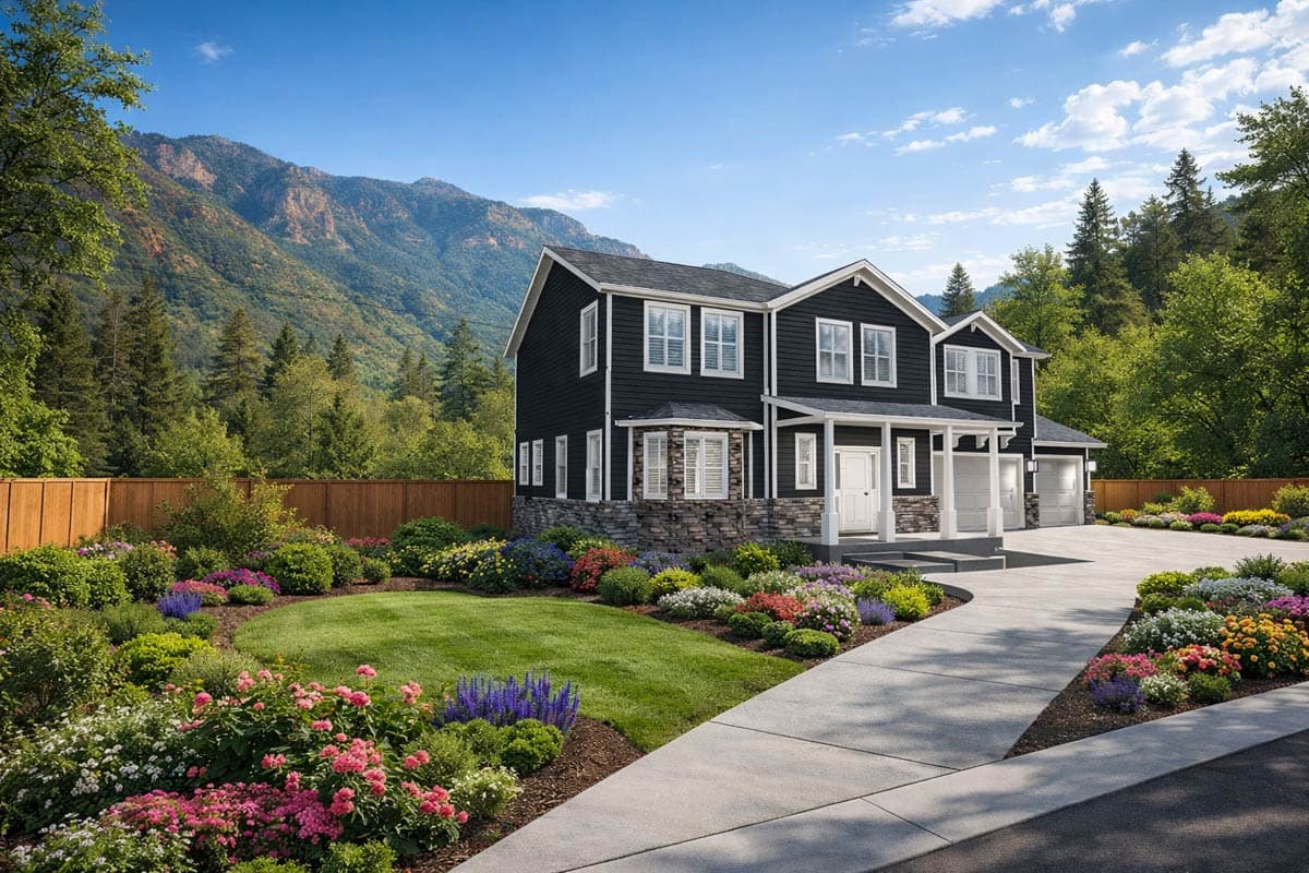 Modern Farmhouse style house plan exterior. Two stories, dark siding, stone base, front porch with columns, and a three-car garage.