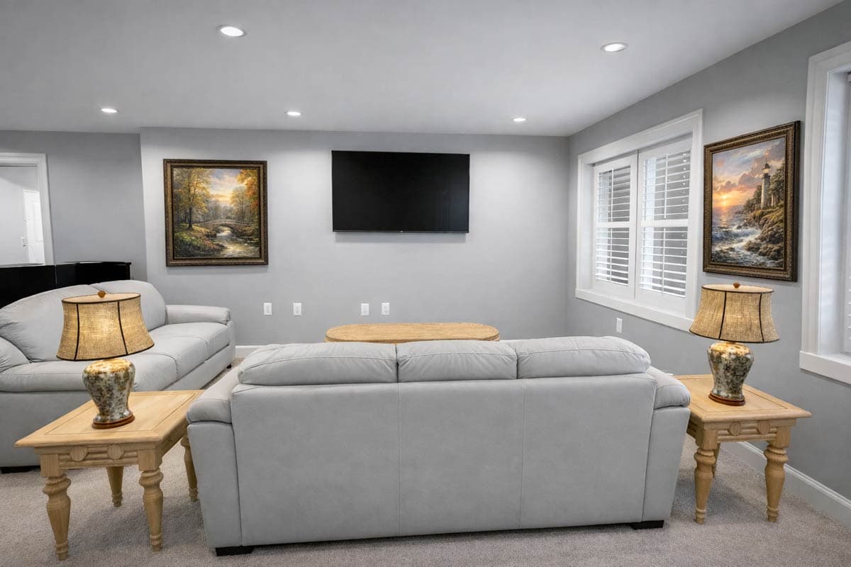 Living room with two sofas, television mounted on wall, and plantation shutters on windows.