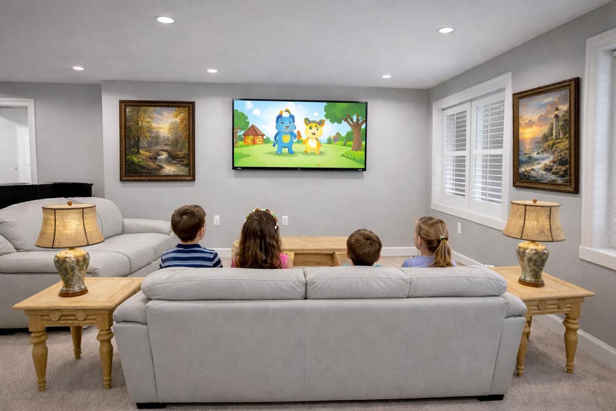 Children watch TV in a living room with two sofas, lamps, and artwork on the walls.