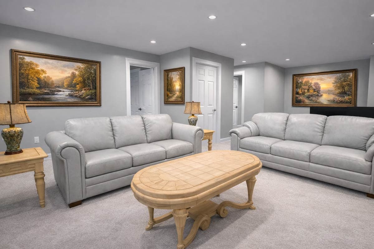 Interior rendering of a living room with two light gray sofas, an oval wood coffee table, and landscape paintings on gray walls.