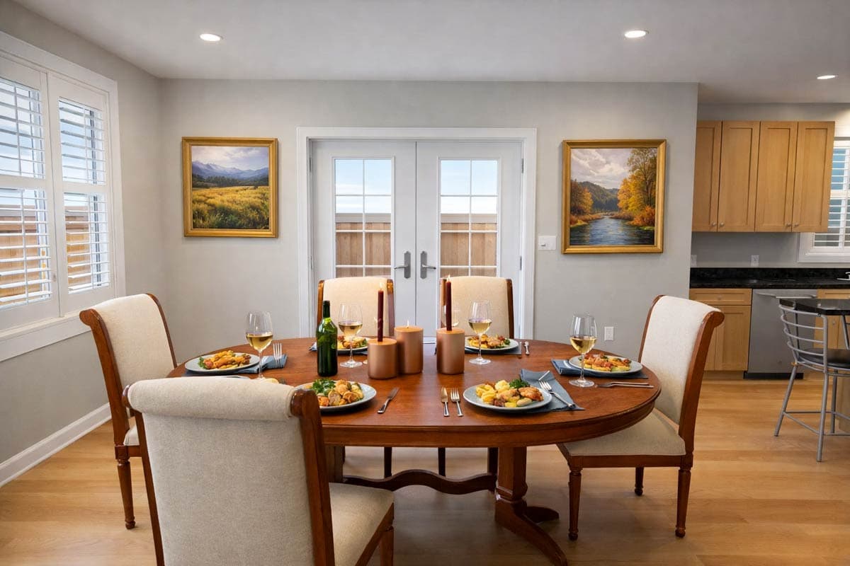 Dining room with oval table set for six, French doors, and adjacent kitchen with wood cabinetry.