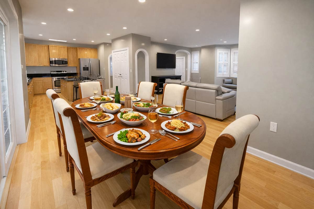 Dining room with table set for a meal, adjacent to an open-plan kitchen and living area with sectional sofa.