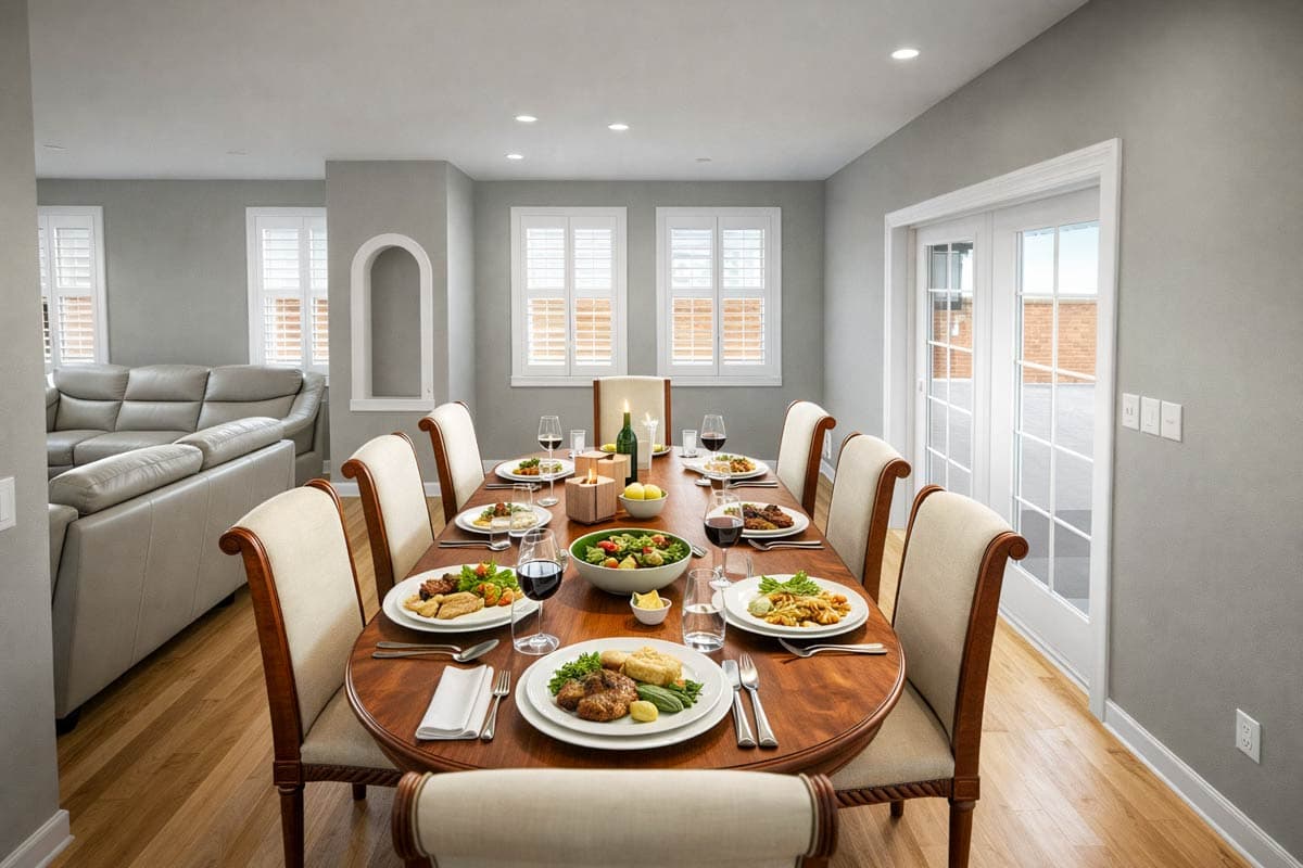 Dining room interior with a large table set for dinner, adjacent to a living area with a sectional sofa.