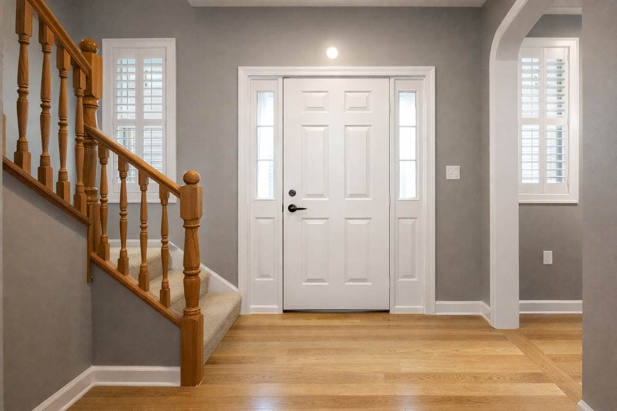 Interior foyer with a paneled front door, sidelights, staircase with wooden balusters, and hardwood floors.