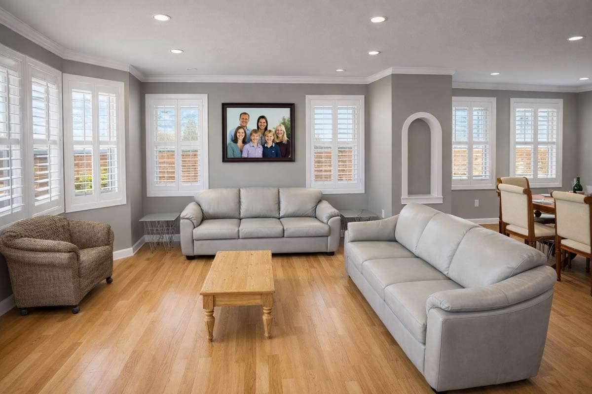 Living room with large windows featuring plantation shutters, two sofas, armchair, and a family portrait.