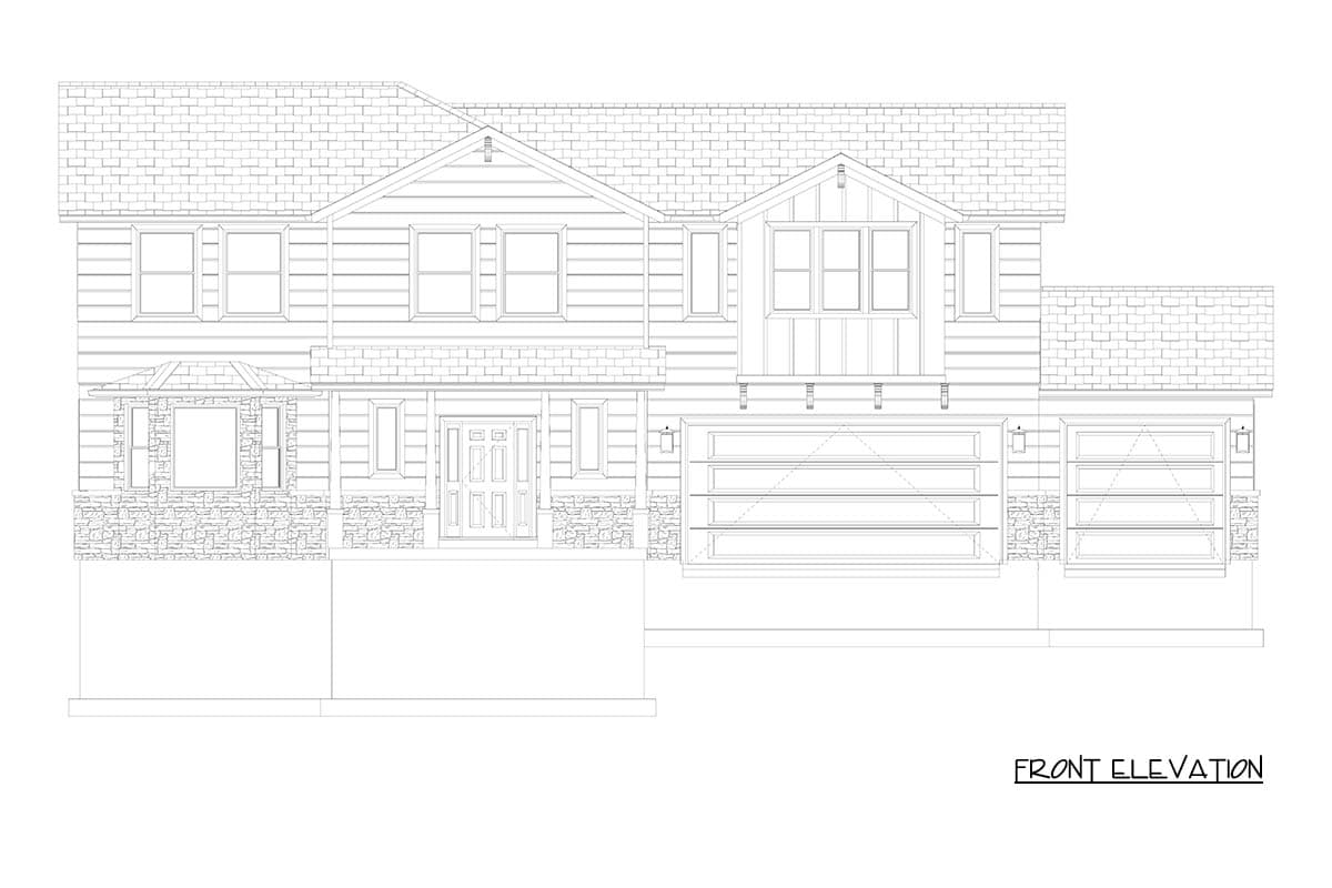 Front elevation drawing of a two-story house plan featuring stone accents, a gabled entrance, and a two-car garage.
