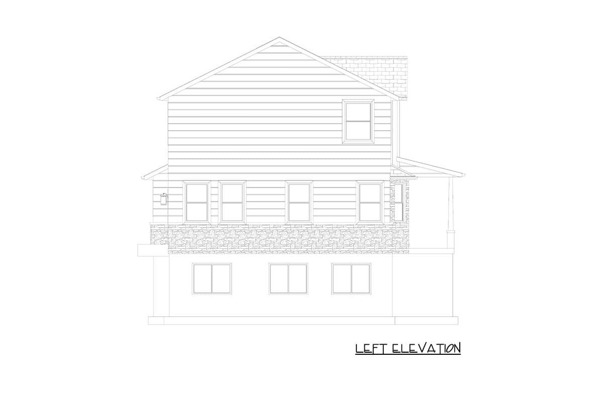 Left elevation house plan with two stories, horizontal siding, stone facade, multiple windows, and a covered porch.
