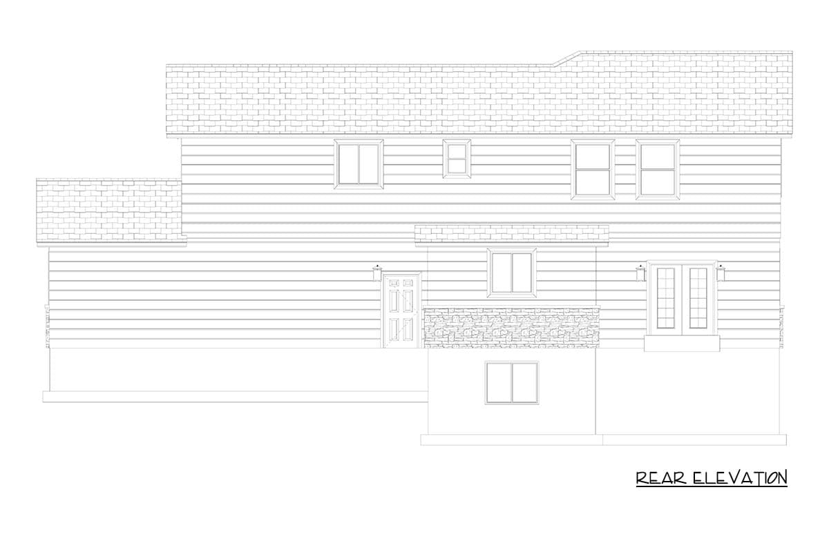 Rear elevation of a two-story house plan featuring horizontal siding, multiple windows, and a stone facade section.