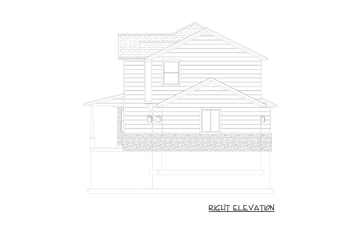 Right elevation drawing of a two-story house plan with siding, stone base, and covered porch.