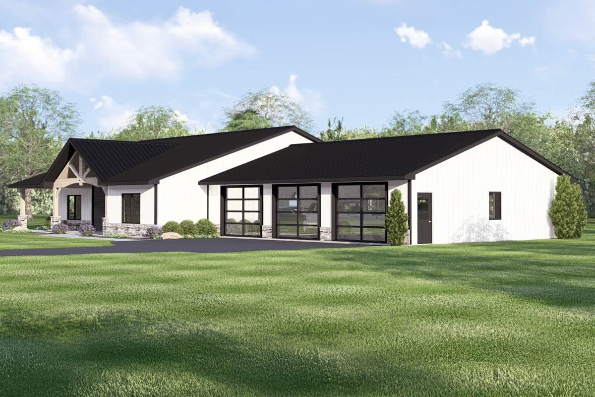 Modern Farmhouse style house plan exterior with a covered porch, gables, stone accents, and three glass garage doors.