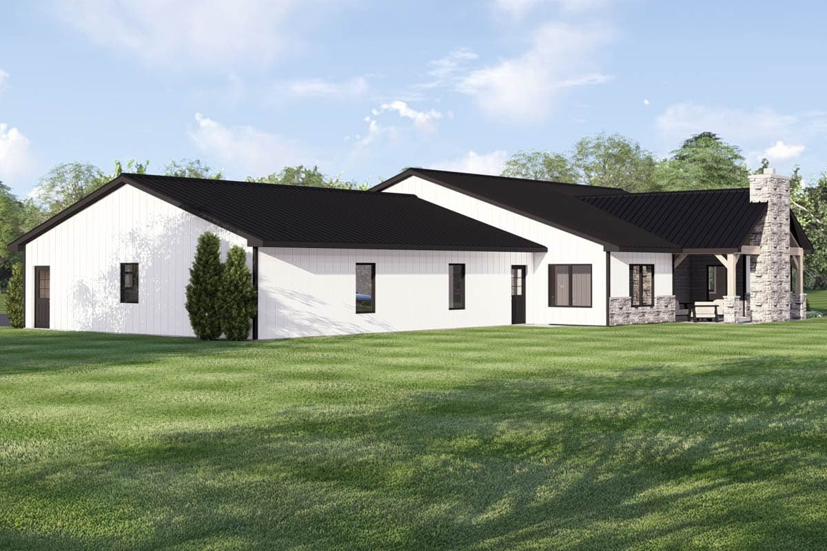 Modern house plan exterior with white board and batten siding, black metal roof, and stone chimney with covered porch.