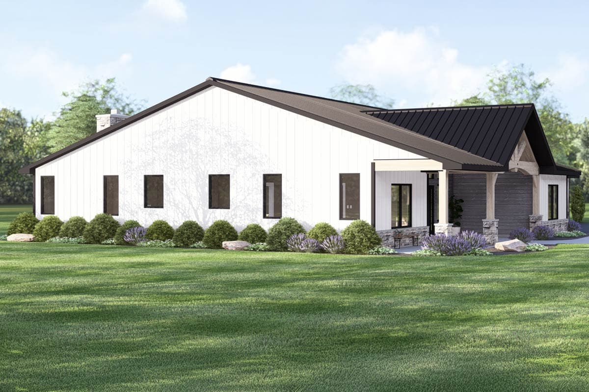 House plan exterior: Modern Farmhouse style, one story, white board-and-batten siding, dark metal roof, exposed rafter tails, stone accents.