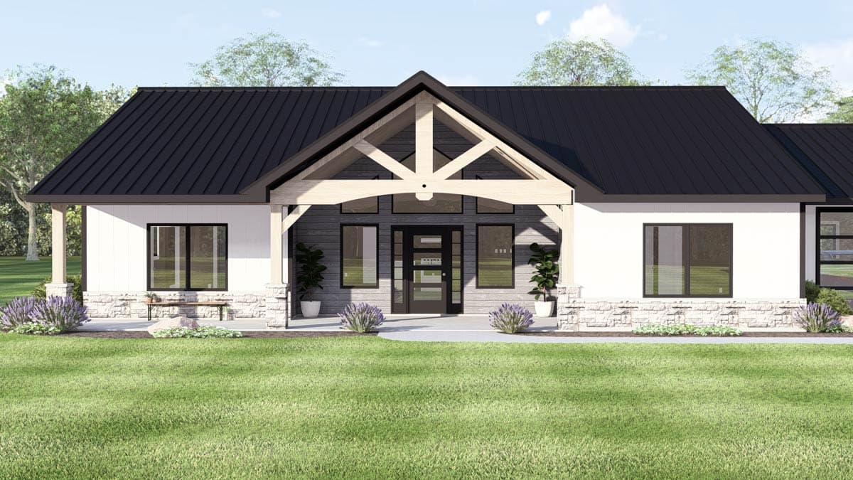 House plan exterior: Modern style, single-story, featuring a prominent gable with exposed beams, metal roof, and stone base.