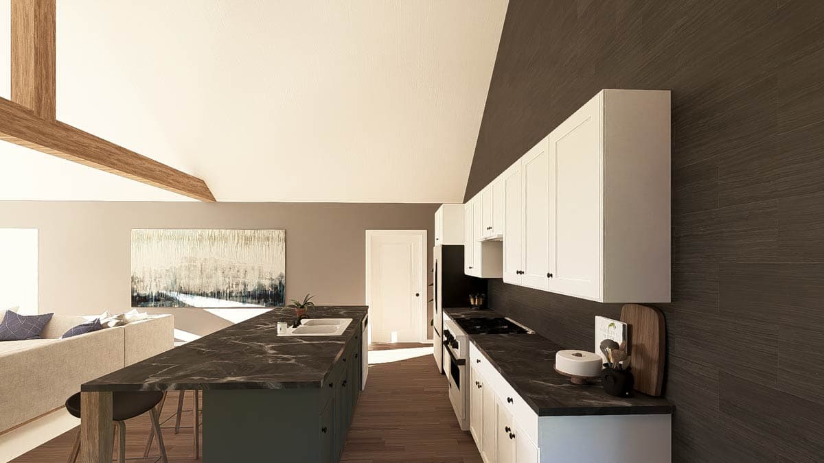 Kitchen rendering with vaulted ceiling, island with sink, and galley cabinets. Exposed wood beam detail.