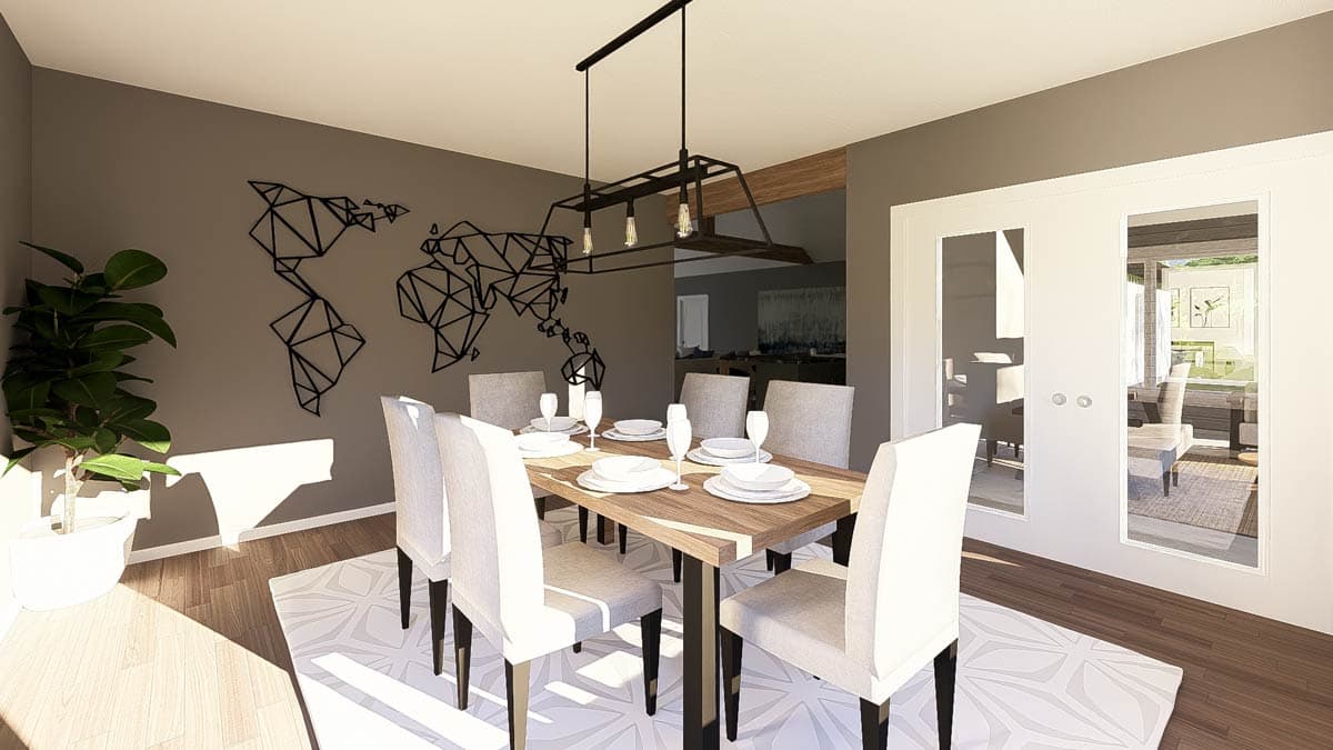 Dining room with table set for six, geometric world map wall art, and a modern chandelier.