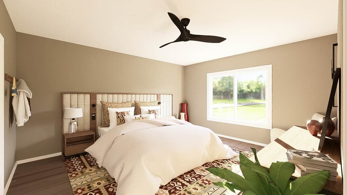 Bedroom rendering with upholstered headboard, ceiling fan, and large window overlooking backyard.