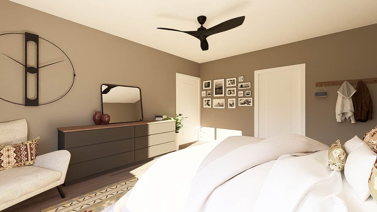 Bedroom rendering with dresser, mirror, framed photos, ceiling fan, and armchair.