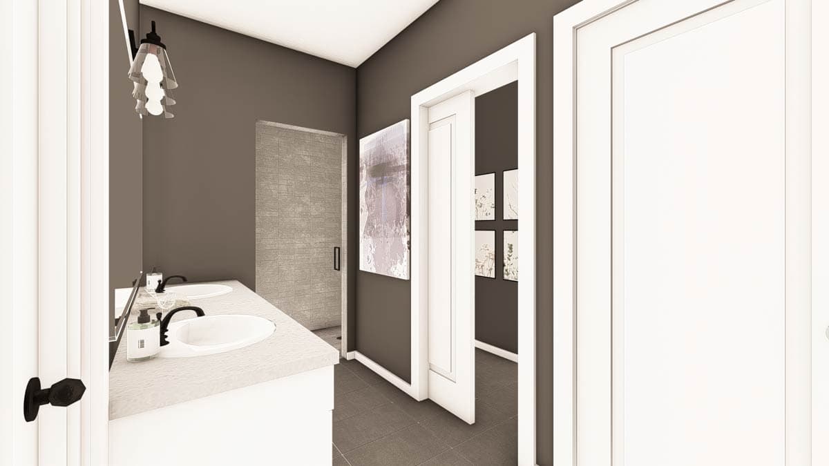 Bathroom rendering with double vanity, stone countertop, tiled shower, and dark gray walls.