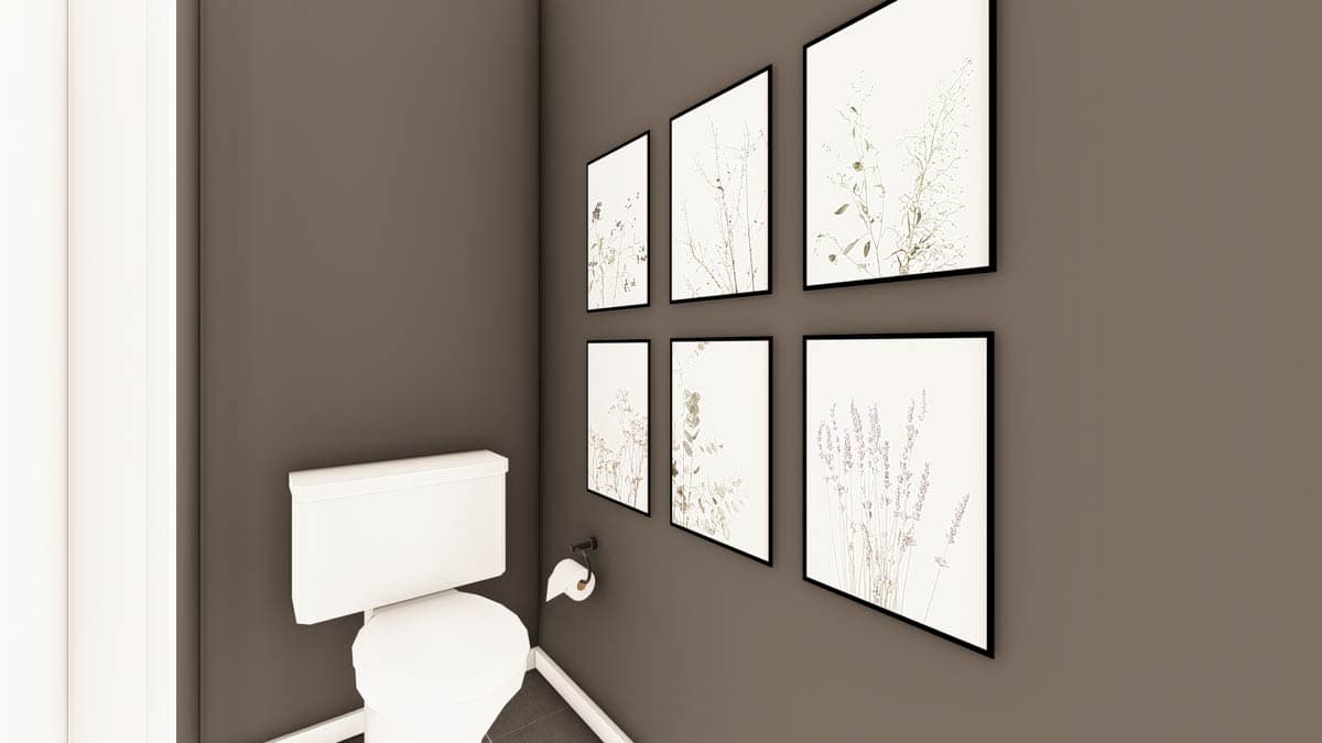 Bathroom rendering with white toilet, toilet paper holder, and six framed botanical prints on taupe wall.