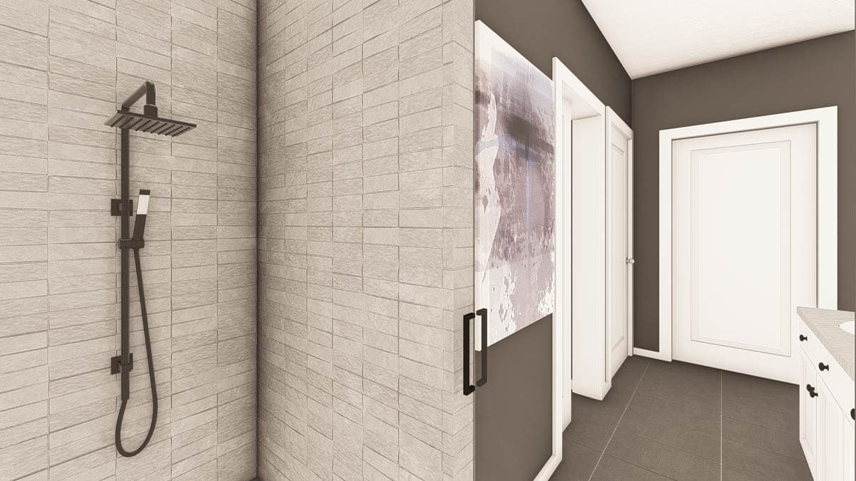Bathroom interior with tiled shower, vanity, and multiple doors. Dark gray tile floor.