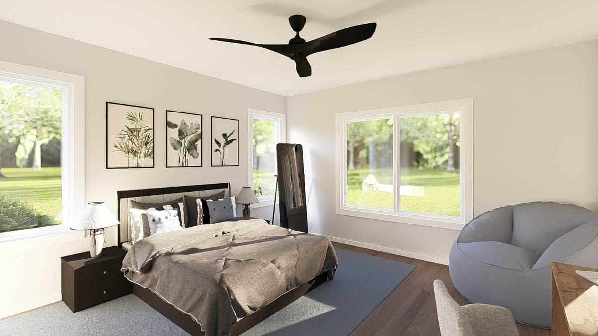Bedroom rendering with king bed, large windows, artwork, and a black ceiling fan.