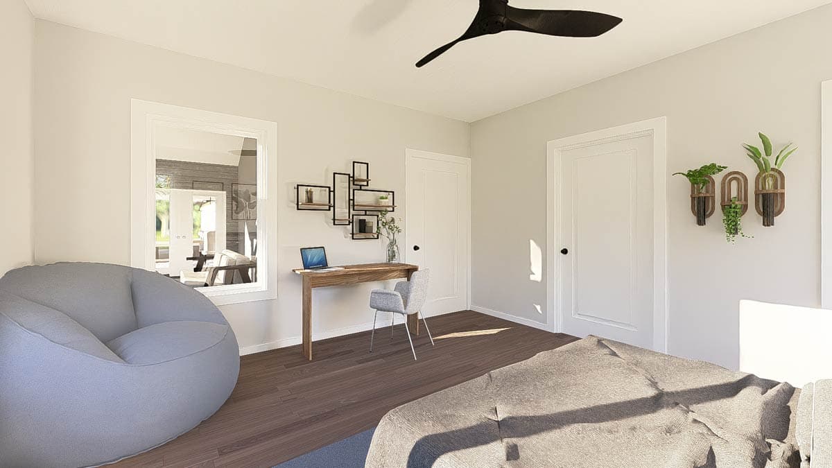 Interior rendering of a bedroom featuring a desk, beanbag chair, and window view into another room.