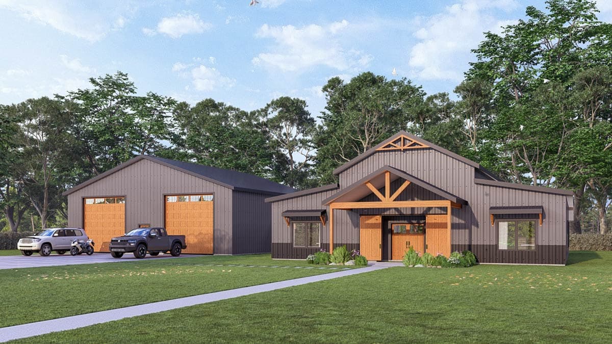 Modern barn-style house plan exterior with gabled roof, wooden beams on entrance, and attached garage with wood doors.