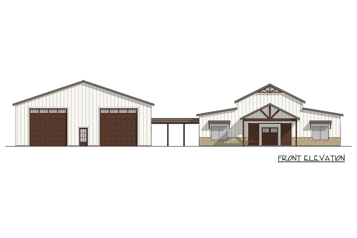 Front elevation drawing of a two-part building with large garage doors and a covered walkway.