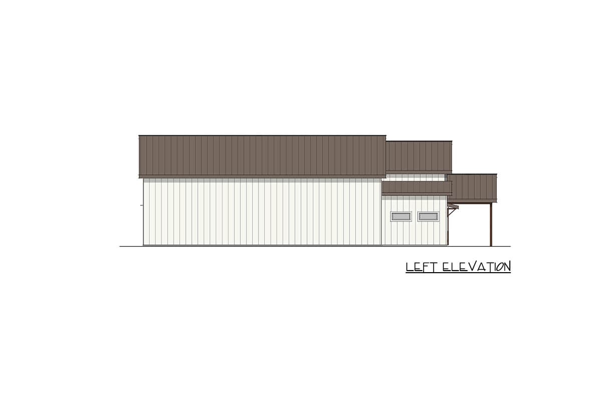 Left elevation house plan drawing showing a Modern Farmhouse style, vertical siding, metal roof, and two small windows.