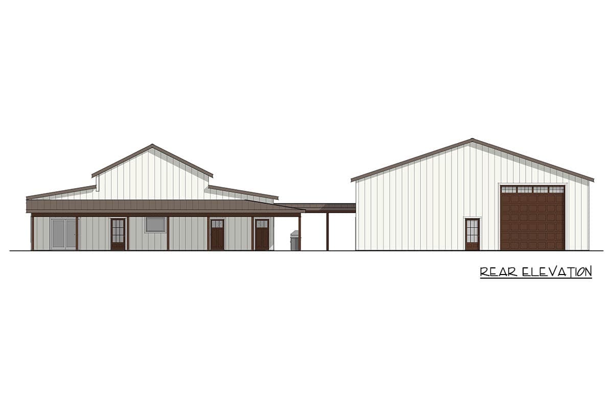 Rear elevation of a metal building with a two-story section, large garage door, and covered walkway.