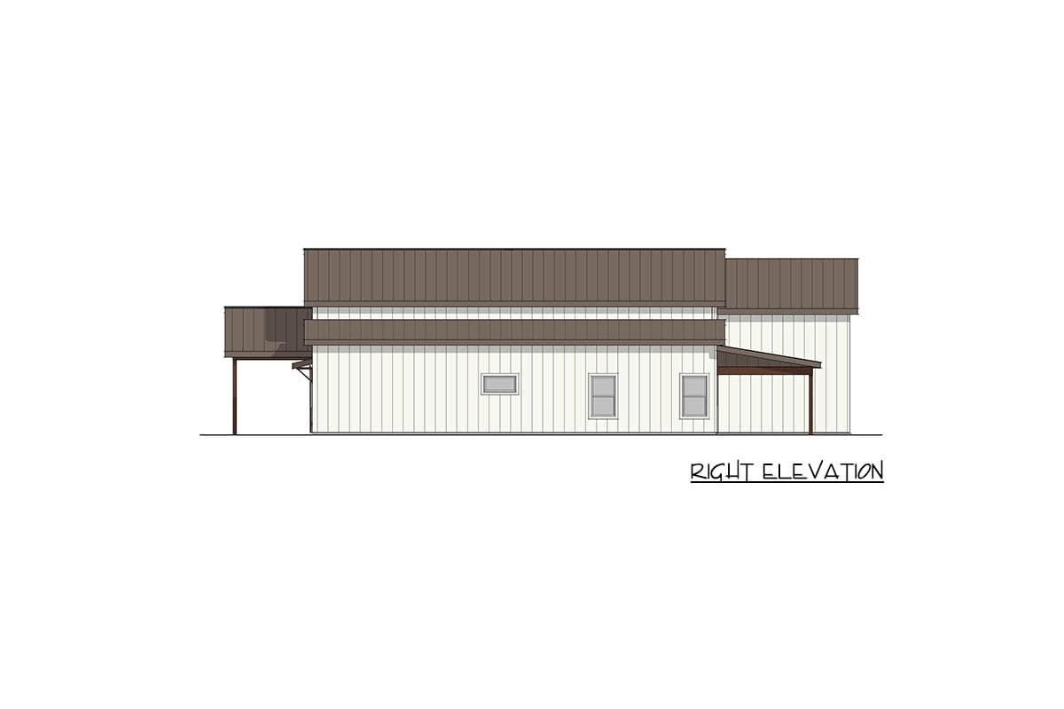 Right elevation drawing of a house plan with vertical siding, a metal gable roof, and a covered entry.