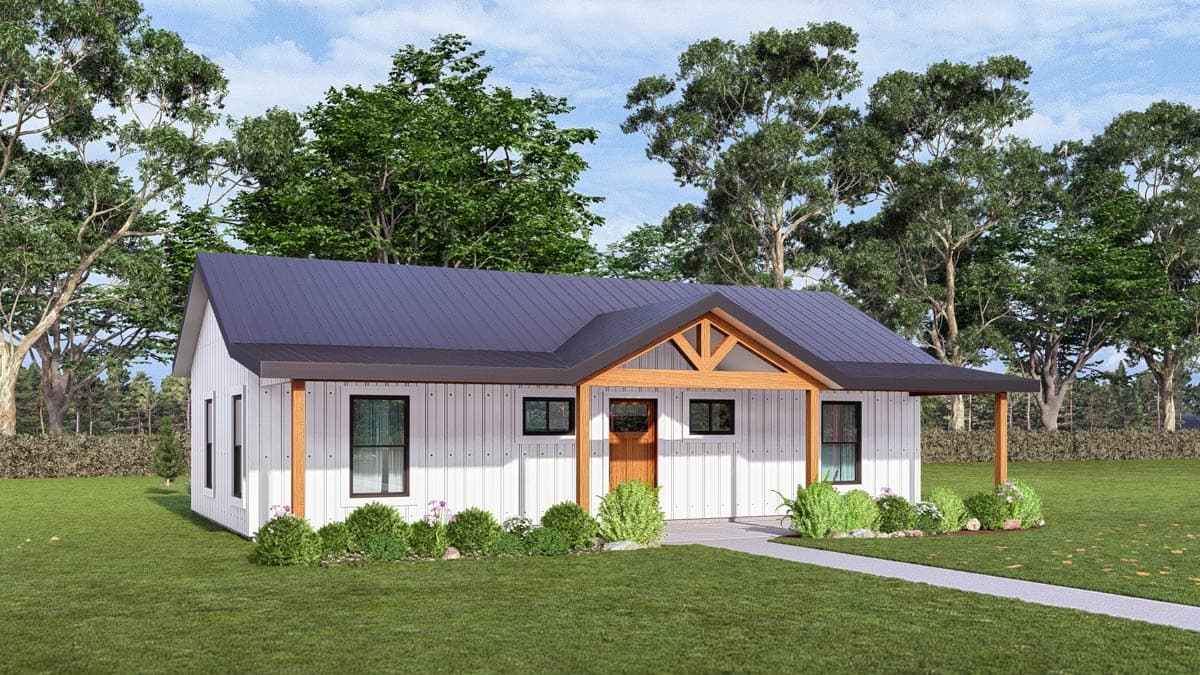 House plan exterior: Modern Farmhouse style, single-story with a metal roof, covered front porch with timber accents, and board-and-batten siding.